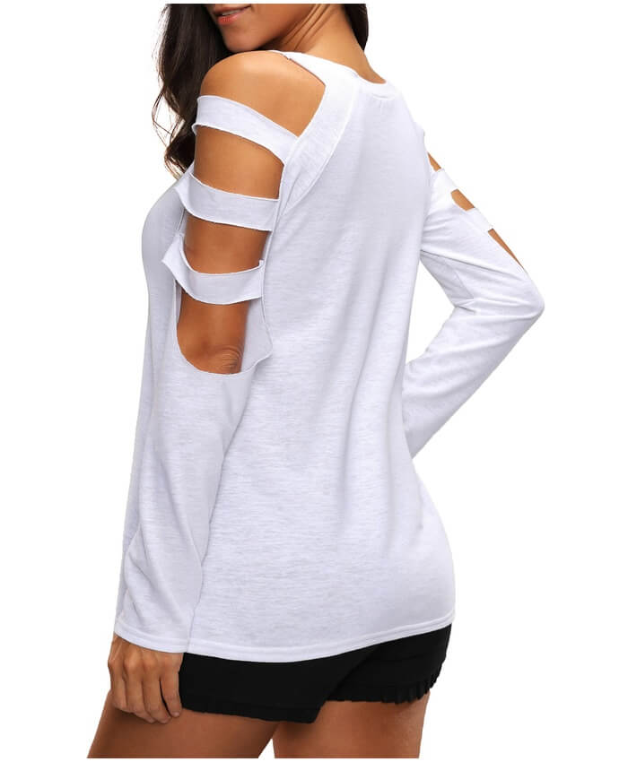 Round Neck Cutout Sleeve White T Shirt